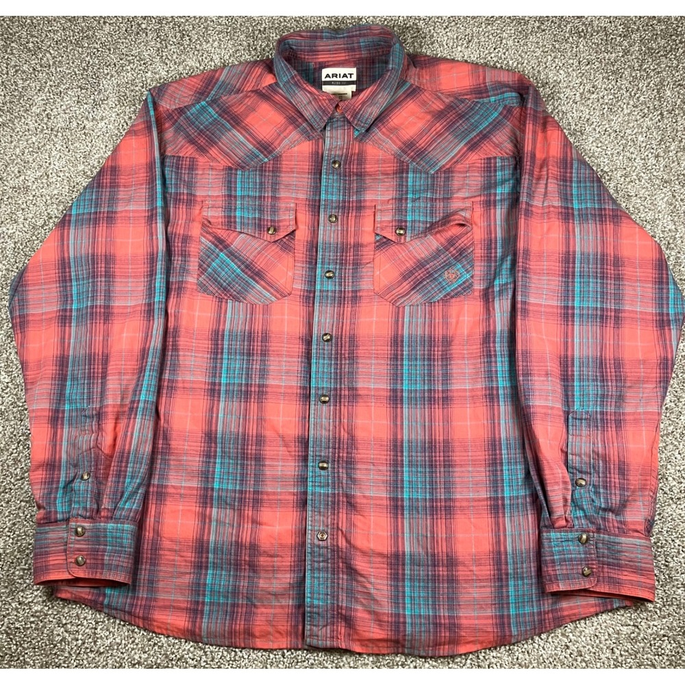 Ariat Retro Fit Mens XXL Western Snap Plaid Shirt Coral Turquoise Long Sleeve